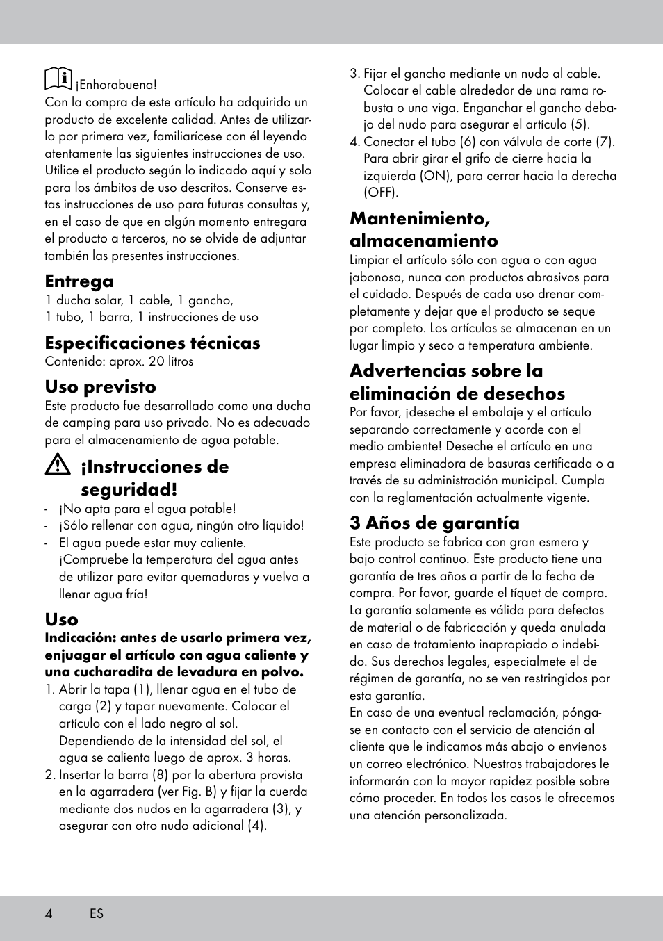Entrega, Especificaciones técnicas, Uso previsto | Instrucciones de seguridad, Mantenimiento, almacenamiento, Advertencias sobre la eliminación de desechos, 3 años de garantía | Rocktrail Solar-Powered Shower User Manual | Page 4 / 16
