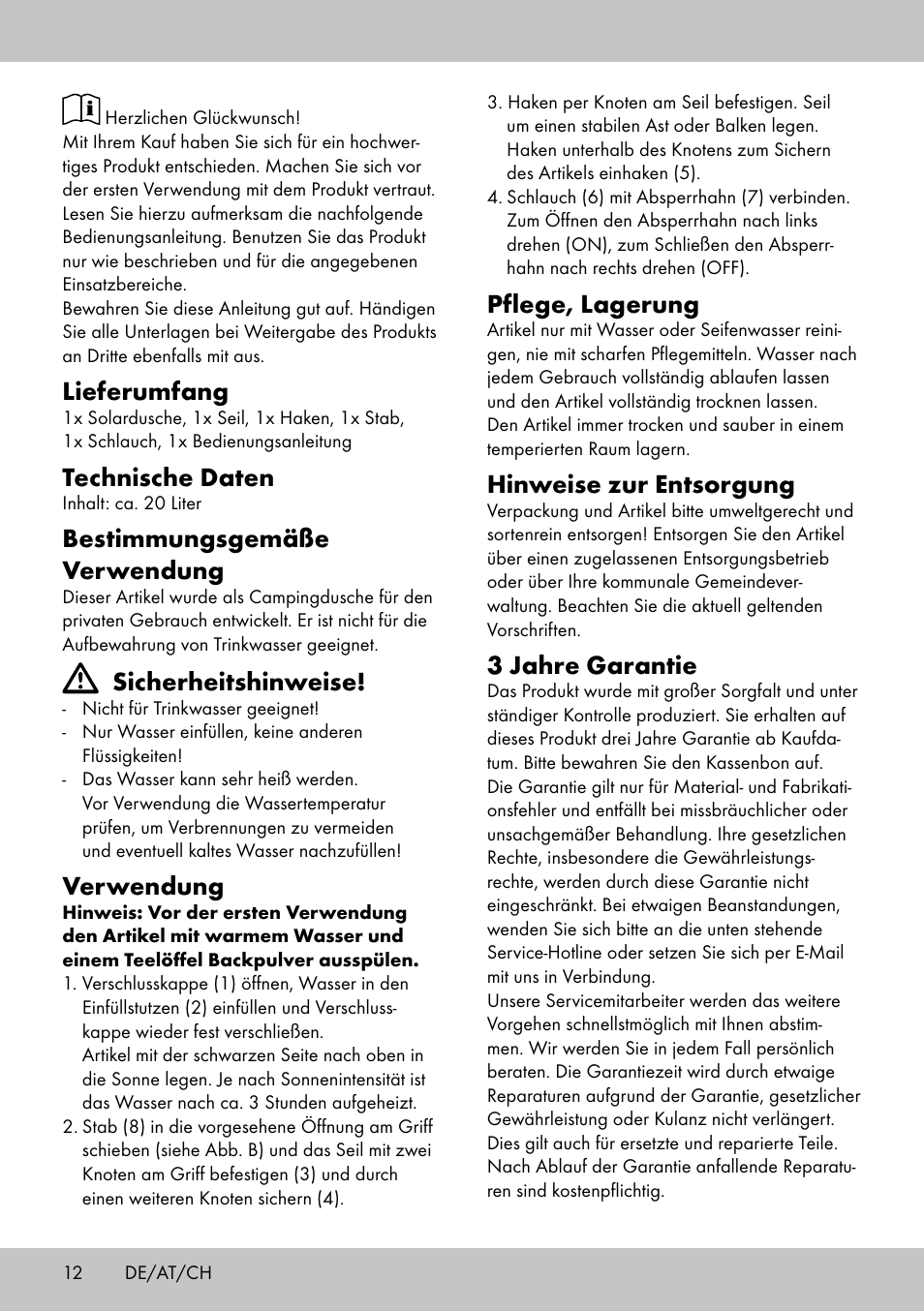 Lieferumfang, Technische daten, Bestimmungsgemäße verwendung | Sicherheitshinweise, Verwendung, Pflege, lagerung, Hinweise zur entsorgung, 3 jahre garantie | Rocktrail Solar-Powered Shower User Manual | Page 12 / 16