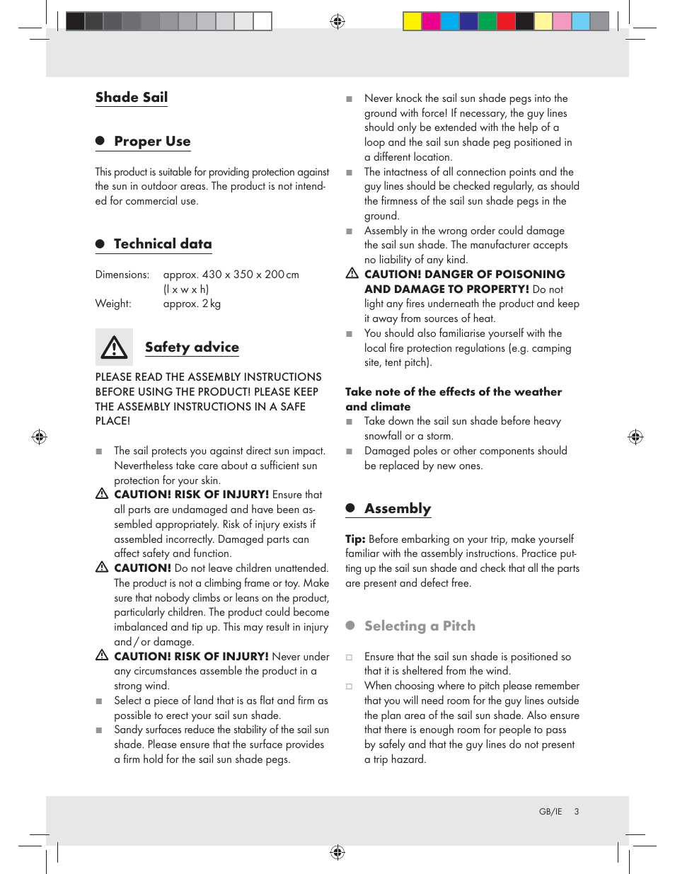 Shade sail, Proper use, Technical data | Safety advice, Assembly, Selecting a pitch | Rocktrail Shade Sail Z31394 User Manual | Page 3 / 9