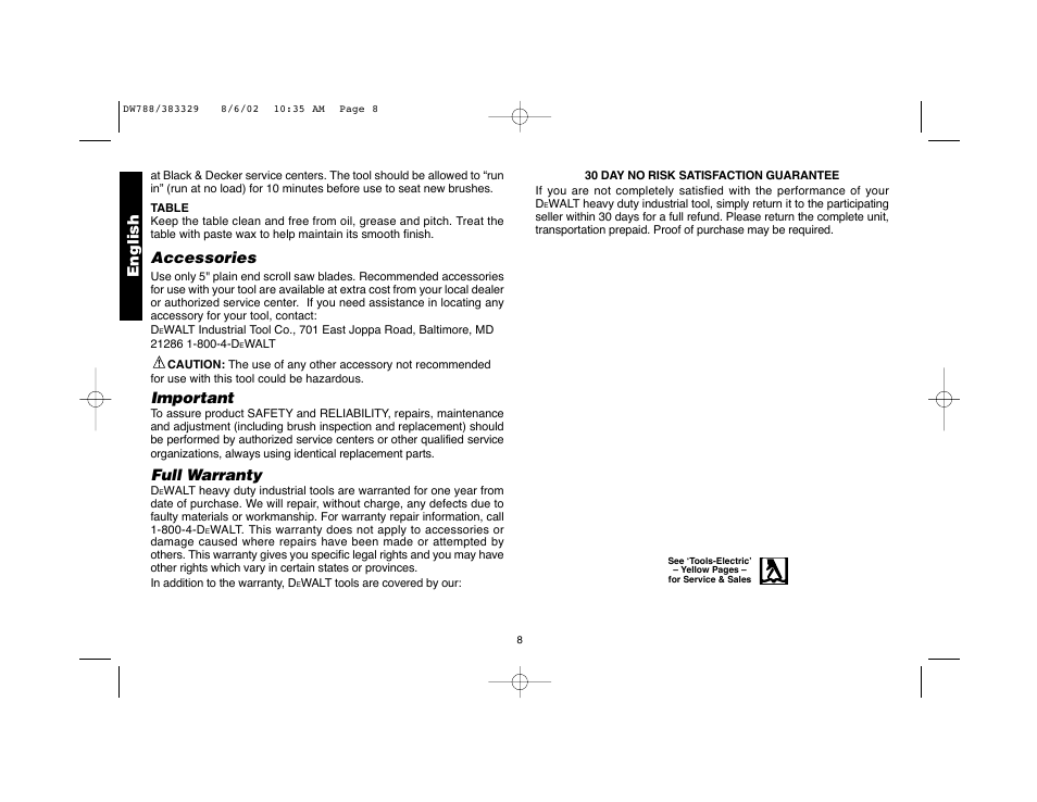 English, Accessories, Important | Full warranty | DeWalt DW788 User Manual | Page 10 / 10