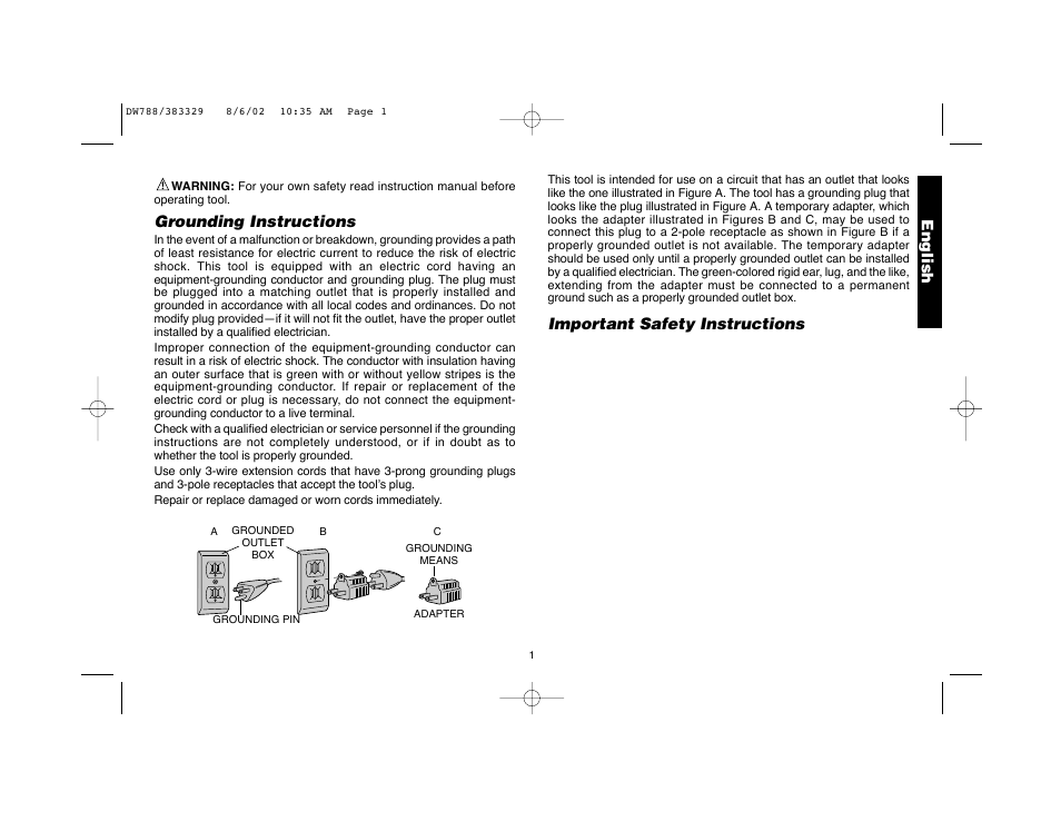 Grounding instructions, English, Important safety instructions | DeWalt DW788 User Manual | Page 3 / 10