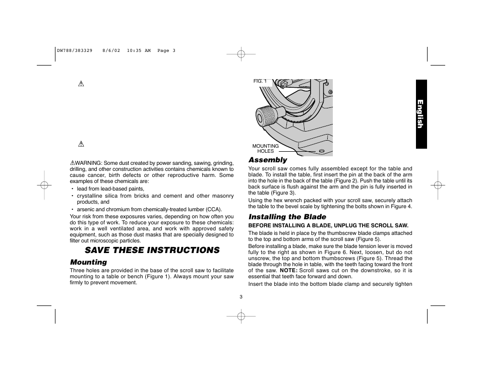 Save these instructions, Mounting, English assembly | Installing the blade | DeWalt DW788 User Manual | Page 5 / 10