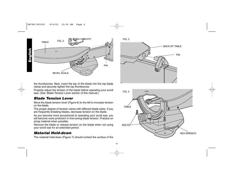 Blade tension lever, Material hold-down, English | DeWalt DW788 User Manual | Page 6 / 10