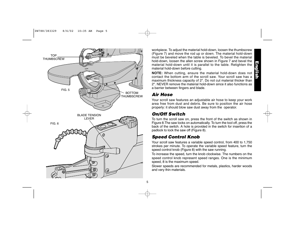 Air hose, On/off switch, Speed control knob | English | DeWalt DW788 User Manual | Page 7 / 10