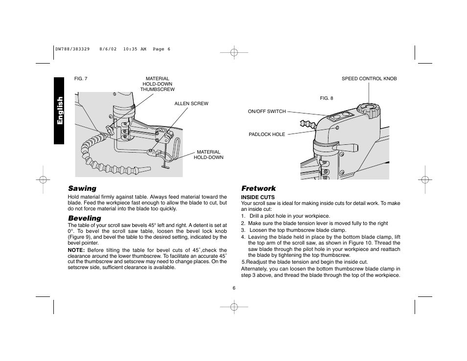 Sawing, Beveling, English | Fretwork | DeWalt DW788 User Manual | Page 8 / 10