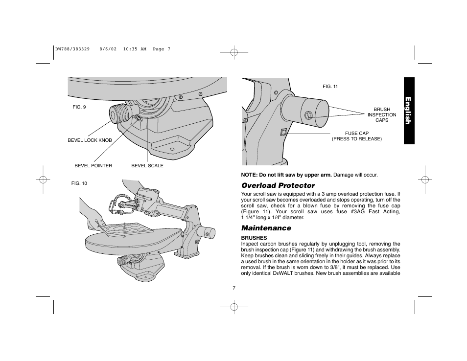 Overload protector, Maintenance, English | DeWalt DW788 User Manual | Page 9 / 10