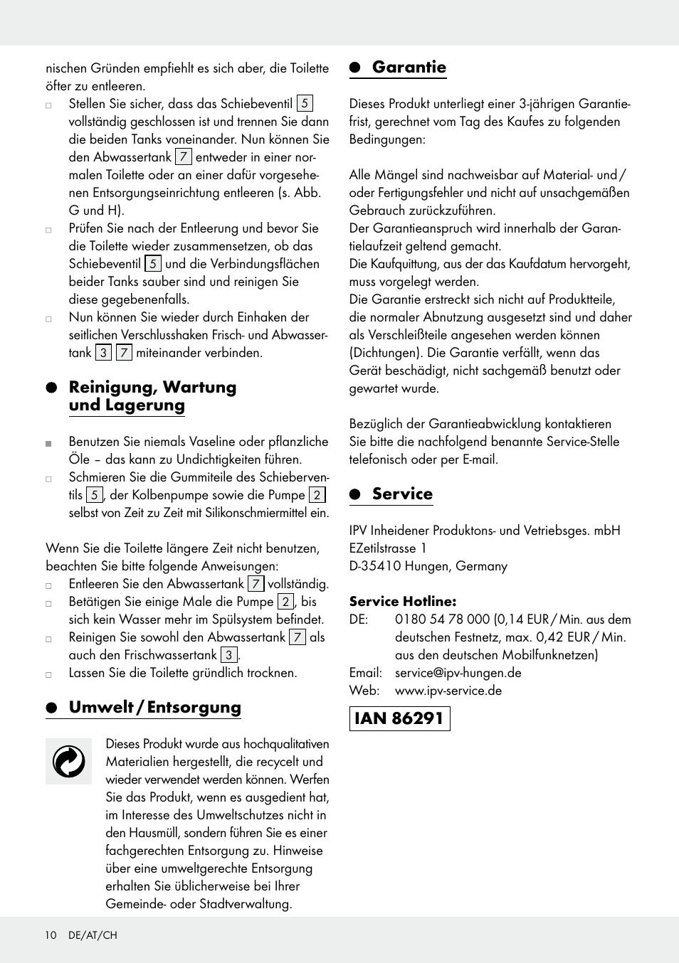 Reinigung, wartung und lagerung, Umwelt / entsorgung, Garantie | Service | Rocktrail Portable Toilet User Manual | Page 10 / 12