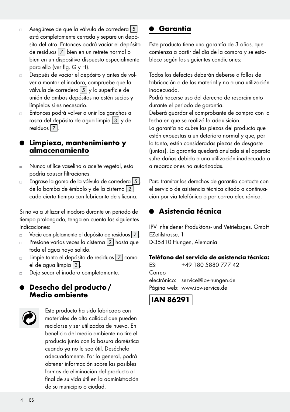 Limpieza, mantenimiento y almacenamiento, Desecho del producto / medio ambiente, Garantía | Asistencia técnica | Rocktrail Portable Toilet User Manual | Page 4 / 12