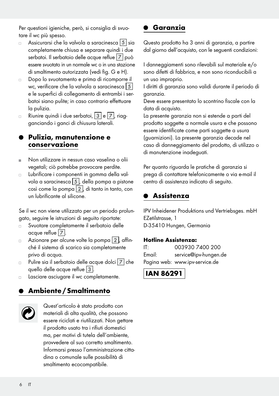 Pulizia, manutenzione e conservazione, Ambiente / smaltimento, Garanzia | Assistenza | Rocktrail Portable Toilet User Manual | Page 6 / 12