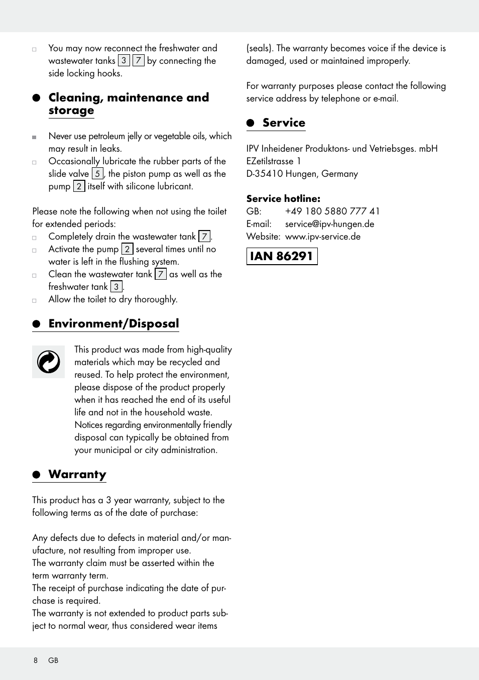 Cleaning, maintenance and storage, Environment/disposal, Warranty | Service | Rocktrail Portable Toilet User Manual | Page 8 / 12