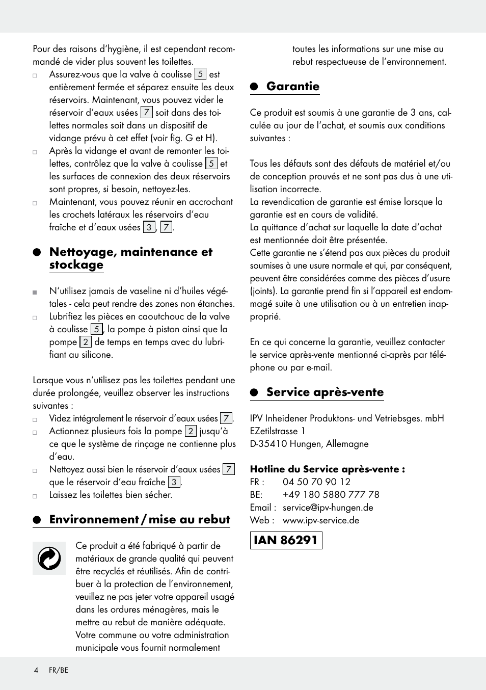 Nettoyage, maintenance et stockage, Environnement / mise au rebut, Garantie | Service après-vente | Rocktrail Portable Toilet User Manual | Page 4 / 12