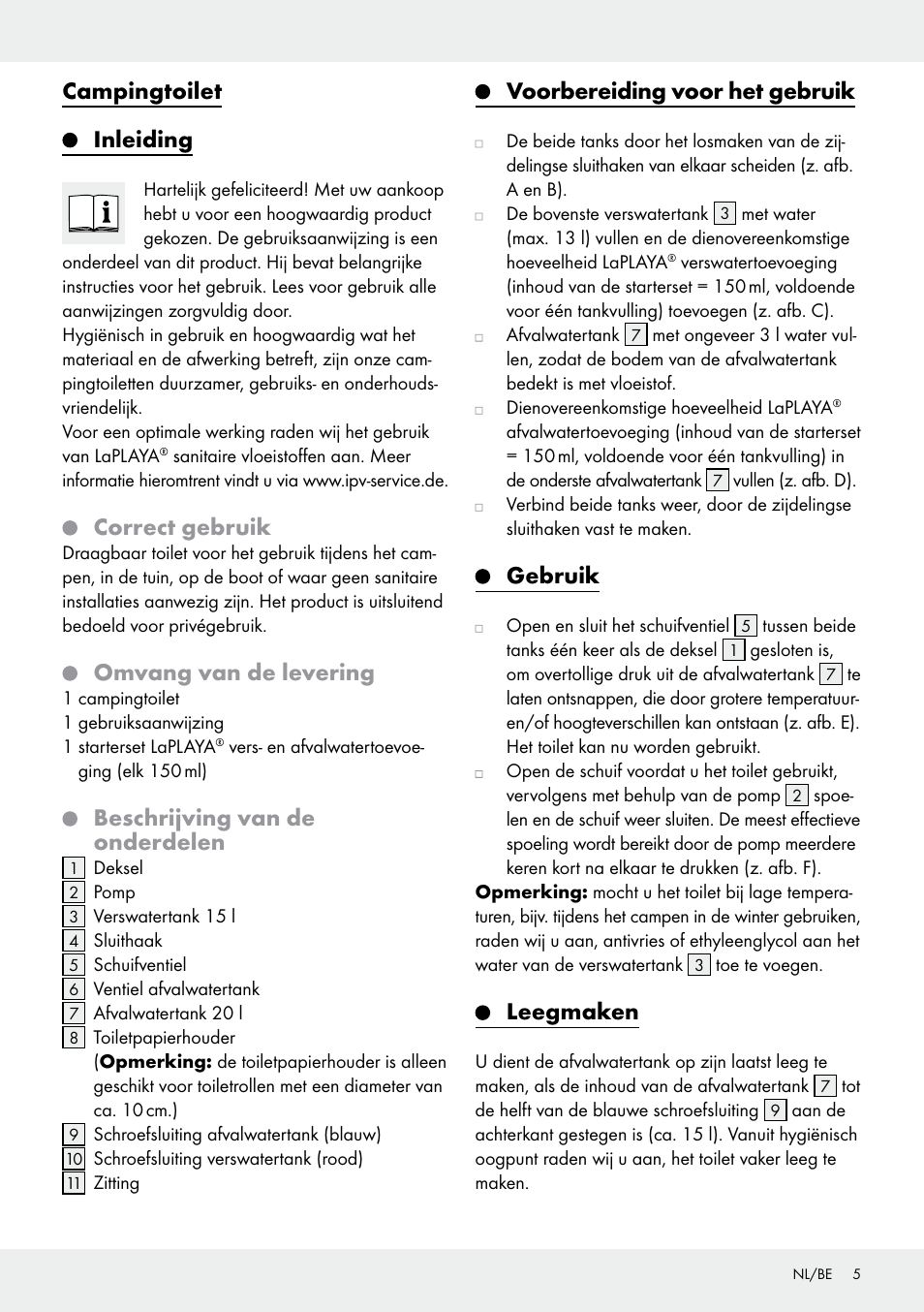 Campingtoilet inleiding, Correct gebruik, Omvang van de levering | Beschrijving van de onderdelen, Voorbereiding voor het gebruik, Gebruik, Leegmaken | Rocktrail Portable Toilet User Manual | Page 5 / 12