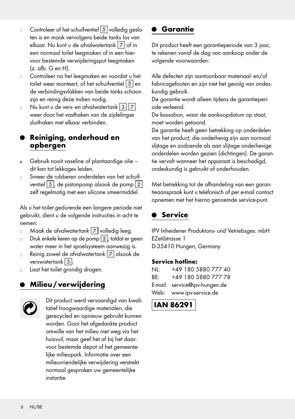 Reiniging, onderhoud en opbergen, Milieu / verwijdering, Garantie | Service | Rocktrail Portable Toilet User Manual | Page 6 / 12