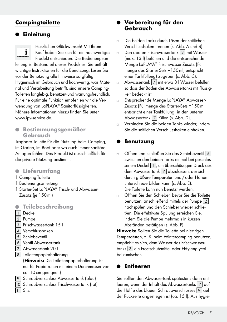 Campingtoilette einleitung, Bestimmungsgemäßer gebrauch, Lieferumfang | Teilebeschreibung, Vorbereitung für den gebrauch, Benutzung, Entleeren | Rocktrail Portable Toilet User Manual | Page 7 / 12