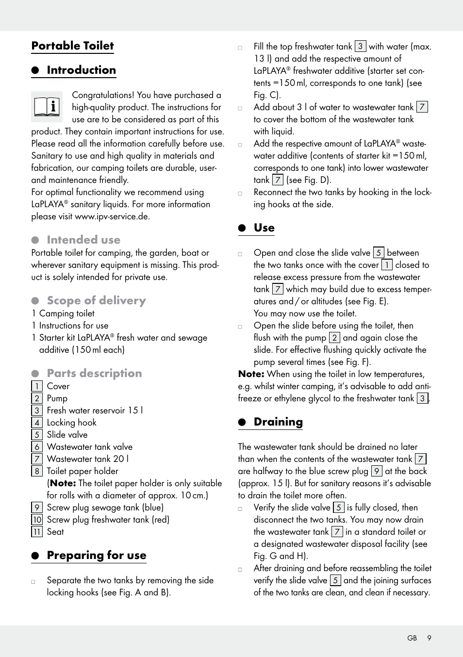 Portable toilet introduction, Intended use, Scope of delivery | Parts description, Preparing for use, Draining | Rocktrail Portable Toilet User Manual | Page 9 / 12