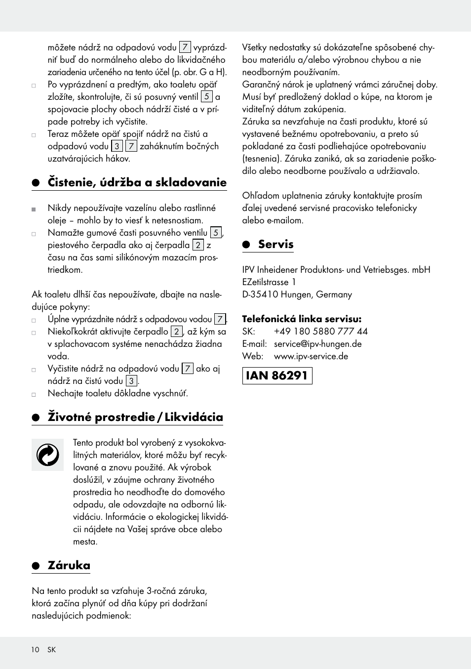 Čistenie, údržba a skladovanie, Životné prostredie / likvidácia, Záruka | Servis | Rocktrail Portable Toilet User Manual | Page 10 / 14
