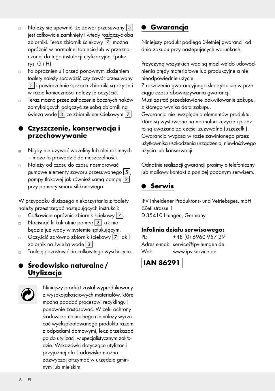 Czyszczenie, konserwacja i przechowywanie, Środowisko naturalne / utylizacja, Gwarancja | Serwis | Rocktrail Portable Toilet User Manual | Page 6 / 14
