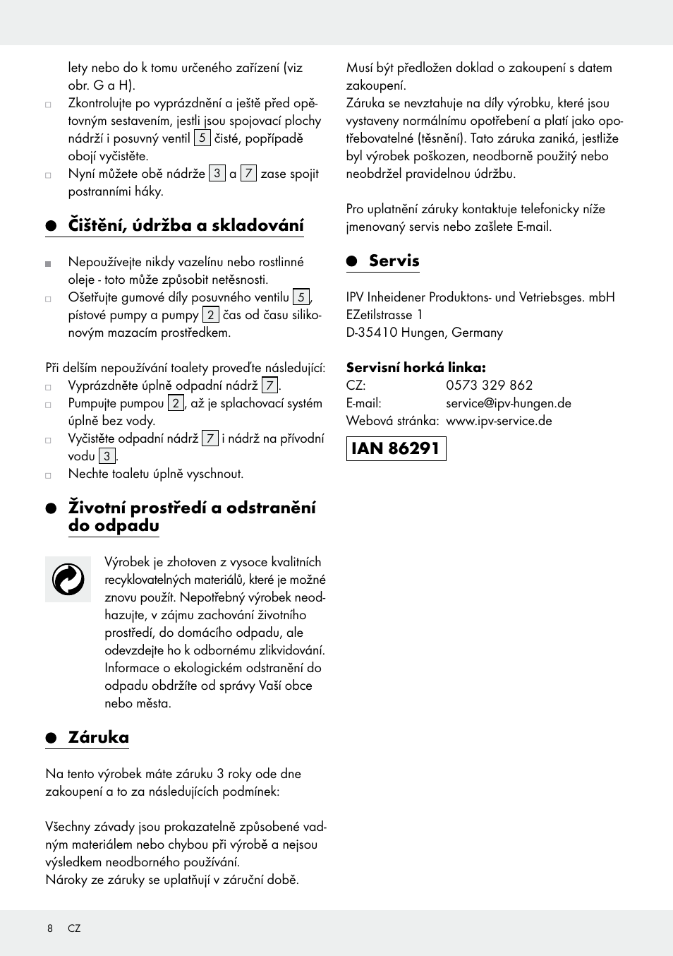 Čištění, údržba a skladování, Životní prostředí a odstranění do odpadu, Záruka | Servis | Rocktrail Portable Toilet User Manual | Page 8 / 14
