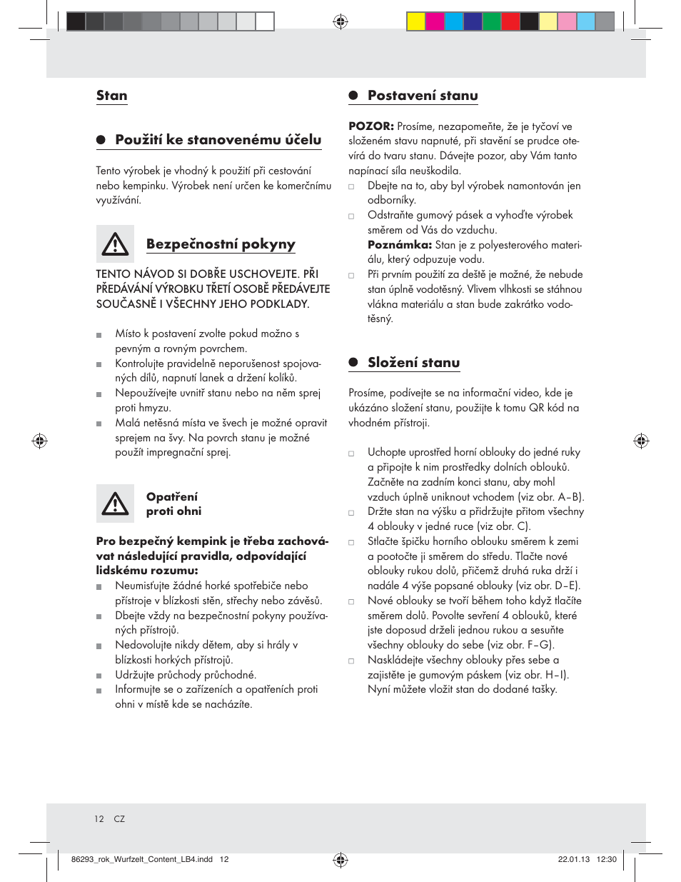 Stan, Použití ke stanovenému účelu, Bezpečnostní pokyny | Postavení stanu, Složení stanu | Rocktrail Pop-Up Tent Z31431 User Manual | Page 12 / 19