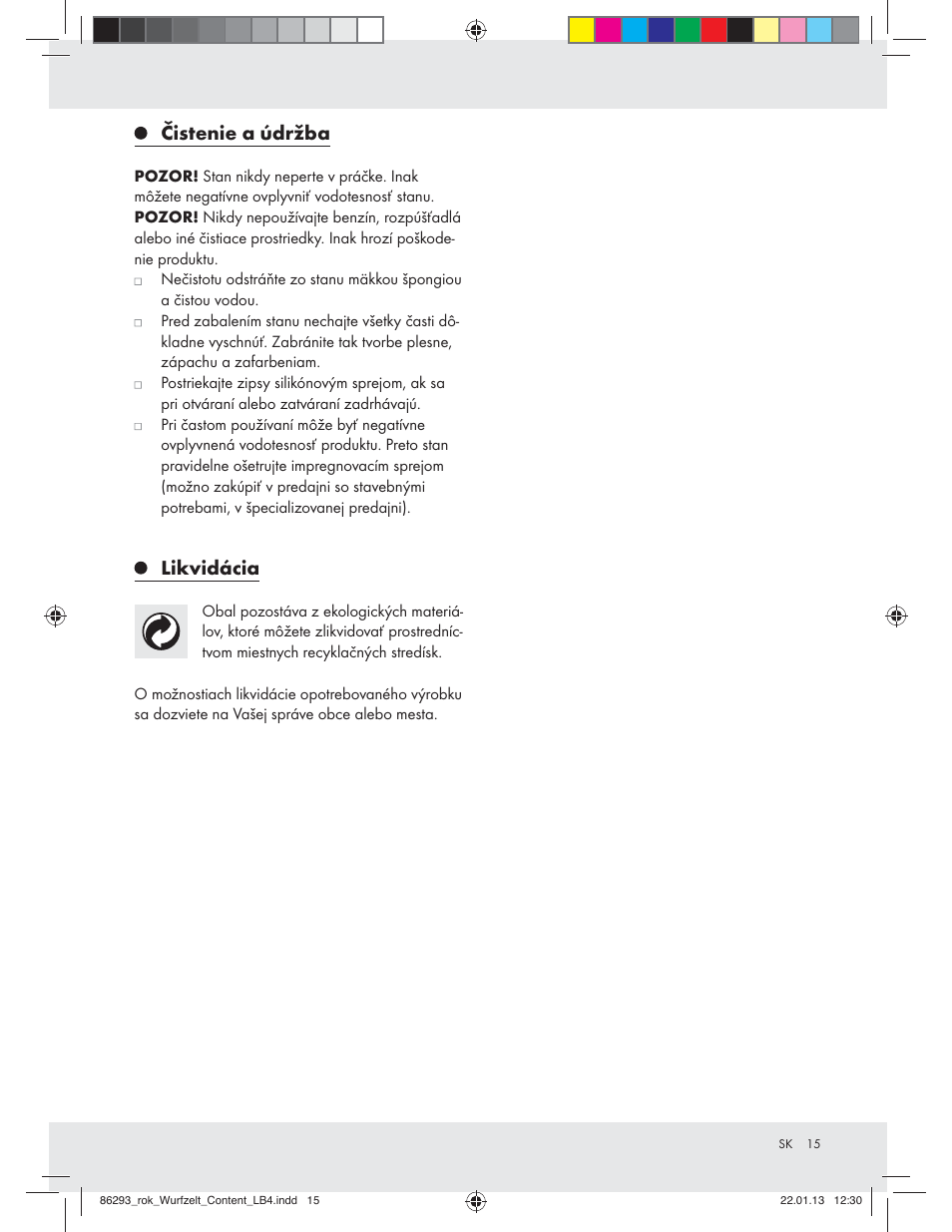 Čistenie a údržba, Likvidácia | Rocktrail Pop-Up Tent Z31431 User Manual | Page 15 / 19