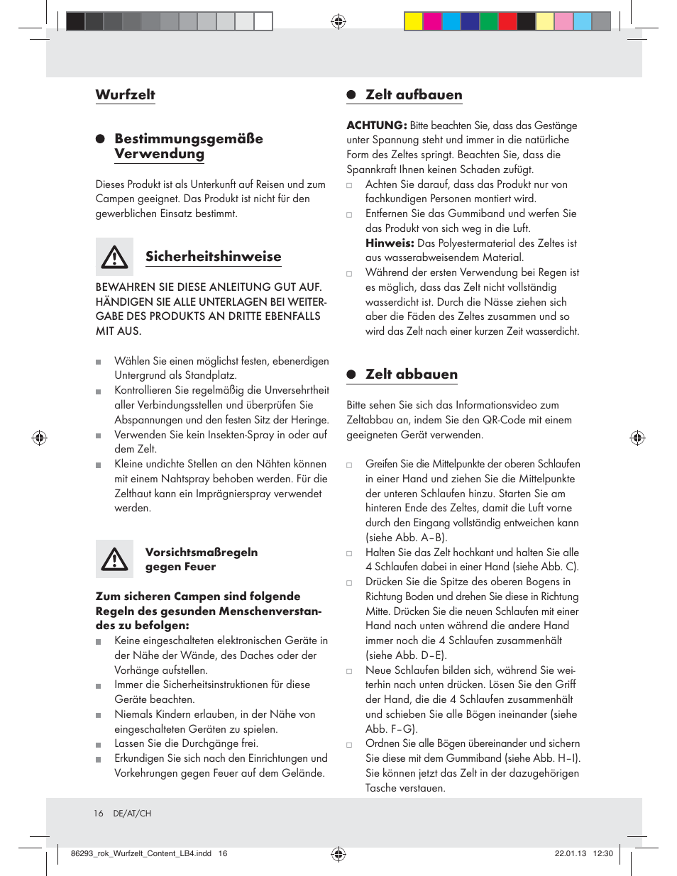 Wurfzelt, Bestimmungsgemäße verwendung, Sicherheitshinweise | Zelt aufbauen, Zelt abbauen | Rocktrail Pop-Up Tent Z31431 User Manual | Page 16 / 19