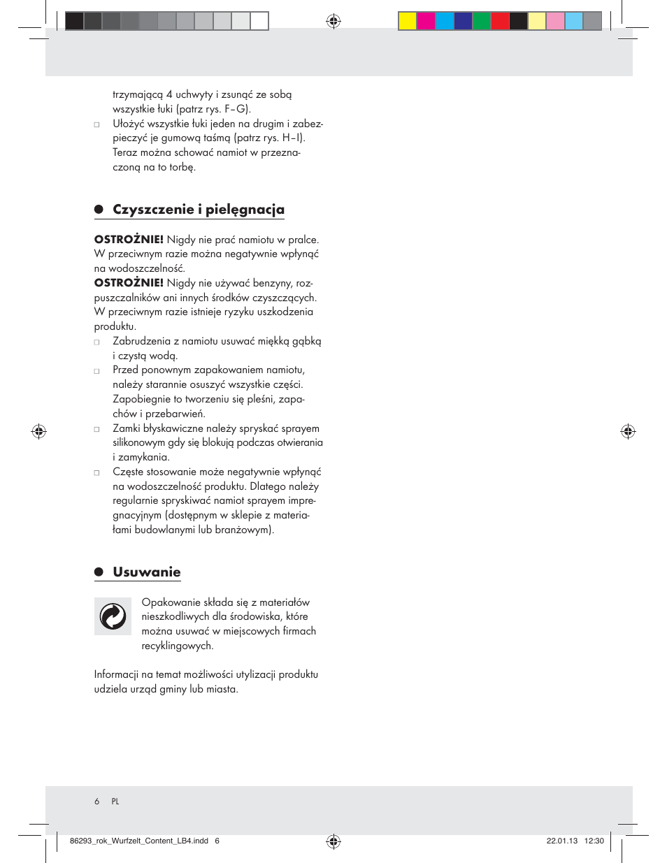 Czyszczenie i pielęgnacja, Usuwanie | Rocktrail Pop-Up Tent Z31431 User Manual | Page 6 / 19