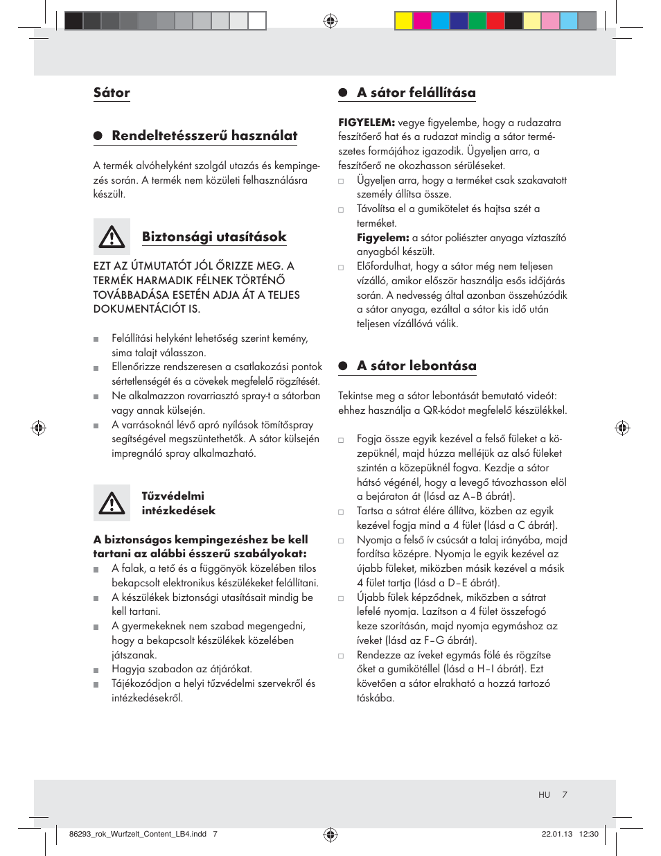 Sátor, Rendeltetésszerű használat, Biztonsági utasítások | A sátor felállítása, A sátor lebontása | Rocktrail Pop-Up Tent Z31431 User Manual | Page 7 / 19
