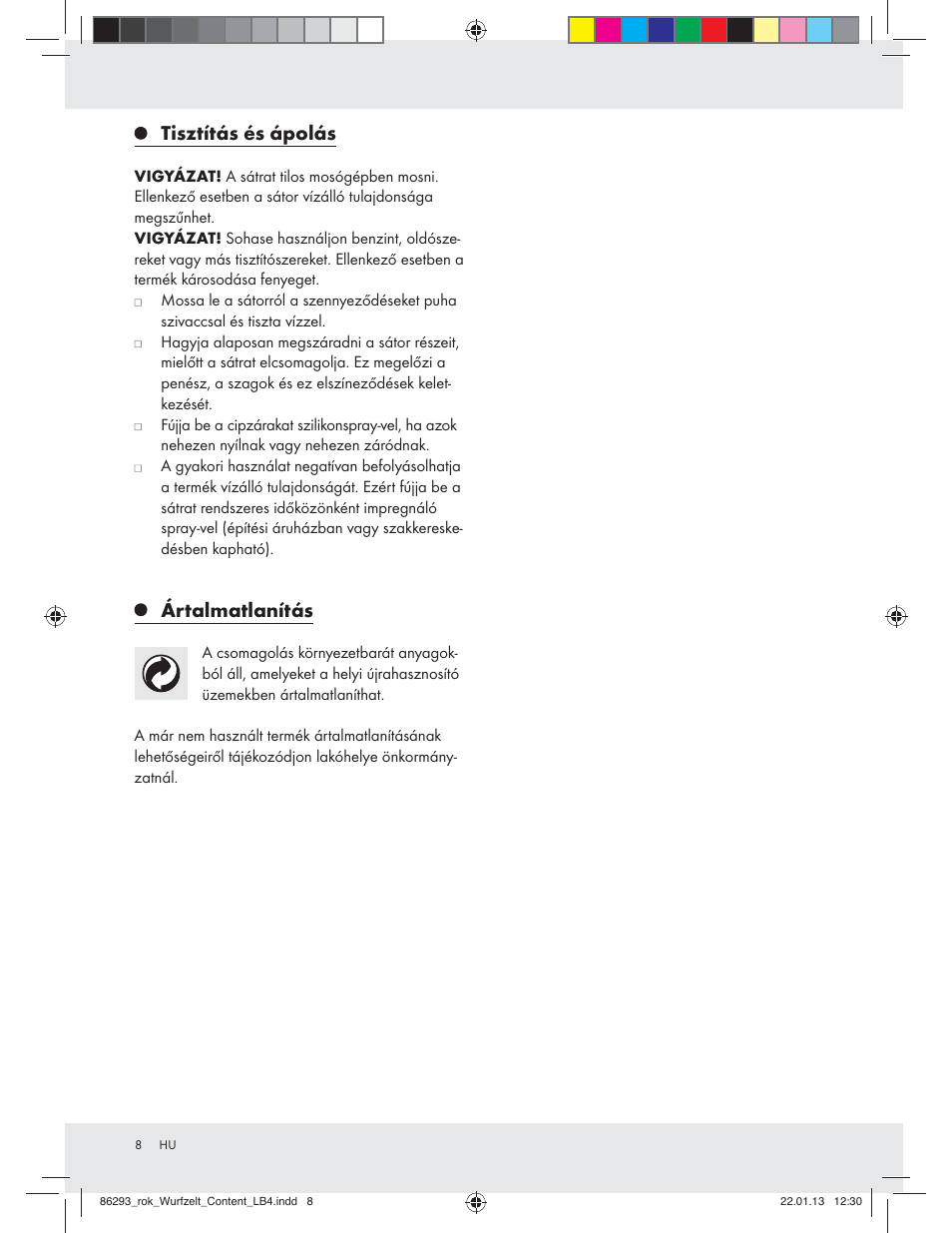 Tisztítás és ápolás, Ártalmatlanítás | Rocktrail Pop-Up Tent Z31431 User Manual | Page 8 / 19