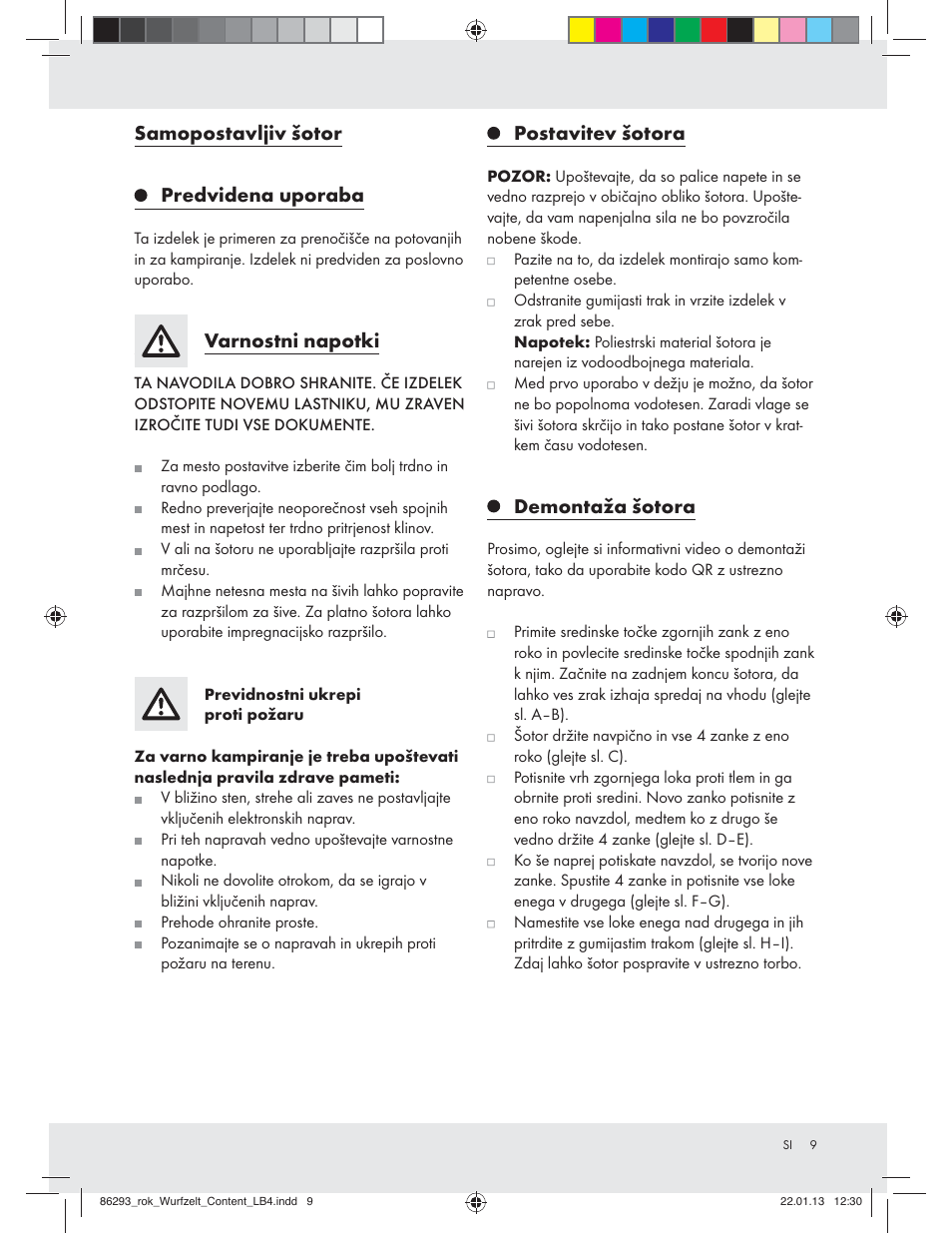 Samopostavljiv šotor, Predvidena uporaba, Varnostni napotki | Postavitev šotora, Demontaža šotora | Rocktrail Pop-Up Tent Z31431 User Manual | Page 9 / 19