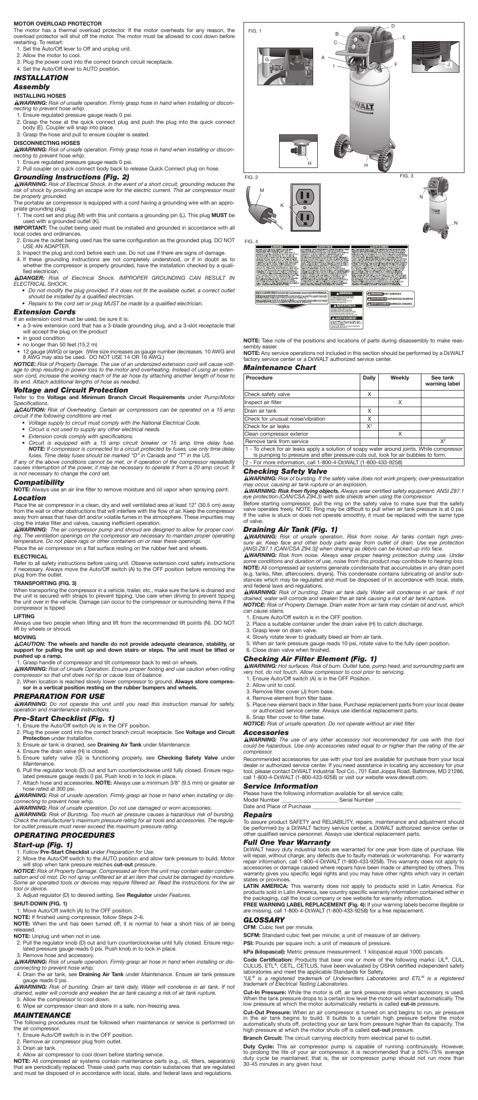 Installation assembly, Grounding instructions (fig. 2), Extension cords | Voltage and circuit protection, Compatibility, Location, Preparation for use, Pre-start checklist (fig. 1), Operating procedures start-up (fig. 1), Maintenance | DeWalt D55168 User Manual | Page 2 / 7