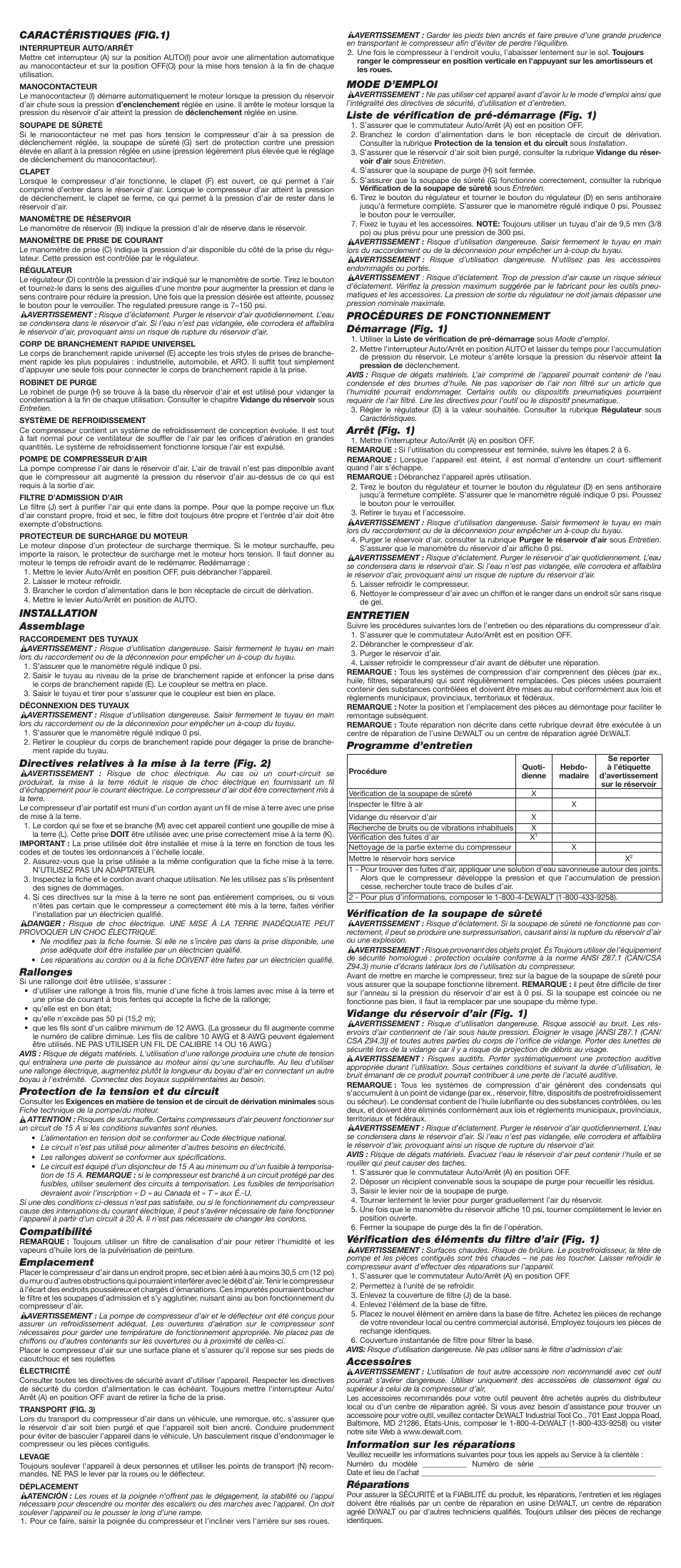 Caractéristiques (fig.1), Installation assemblage, Directives relatives à la mise à la terre (fig. 2) | Rallonges, Protection de la tension et du circuit, Compatibilité, Emplacement, Mode d’emploi, Liste de vérification de pré-démarrage (fig. 1), Procédures de fonctionnement démarrage (fig. 1) | DeWalt D55168 User Manual | Page 4 / 7