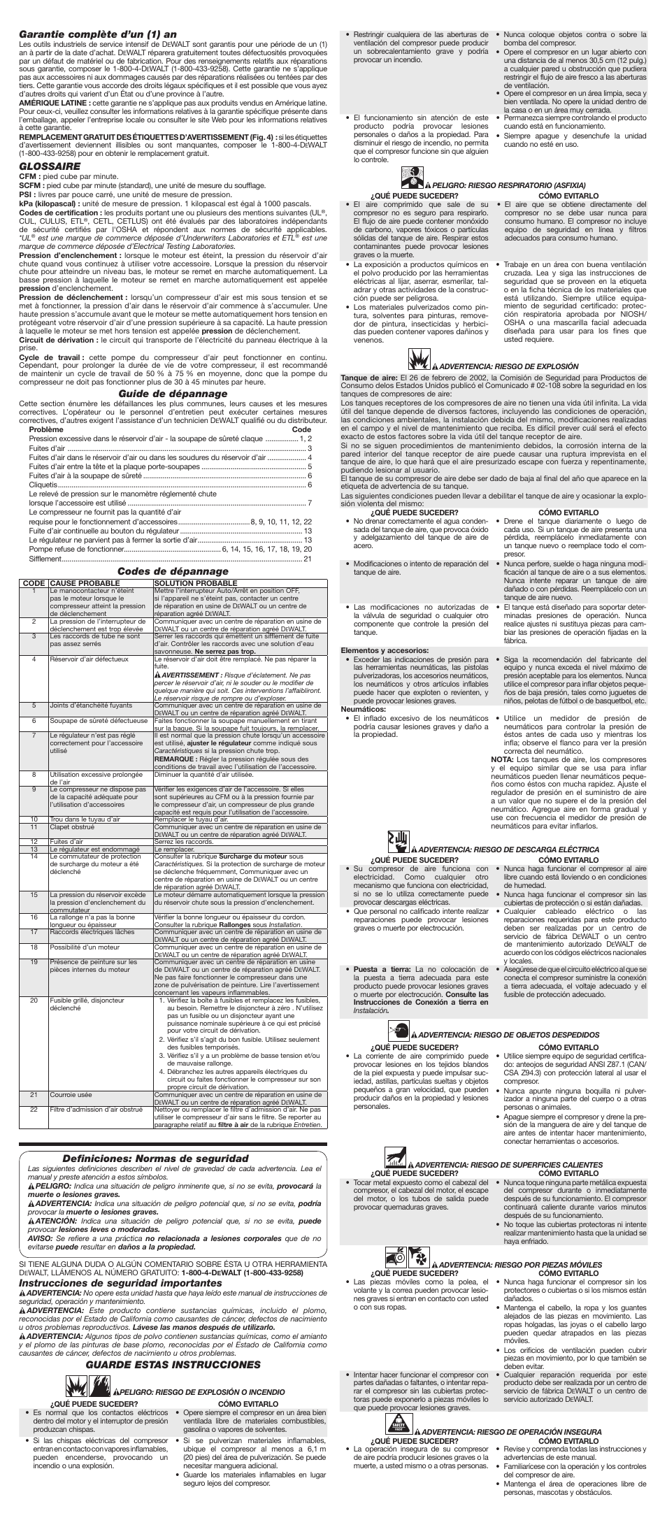 Garantie complète d’un (1) an, Glossaire, Guide de dépannage | Codes de dépannage, Definiciones: normas de seguridad, Instrucciones de seguridad importantes, Guarde estas instrucciones | DeWalt D55168 User Manual | Page 5 / 7