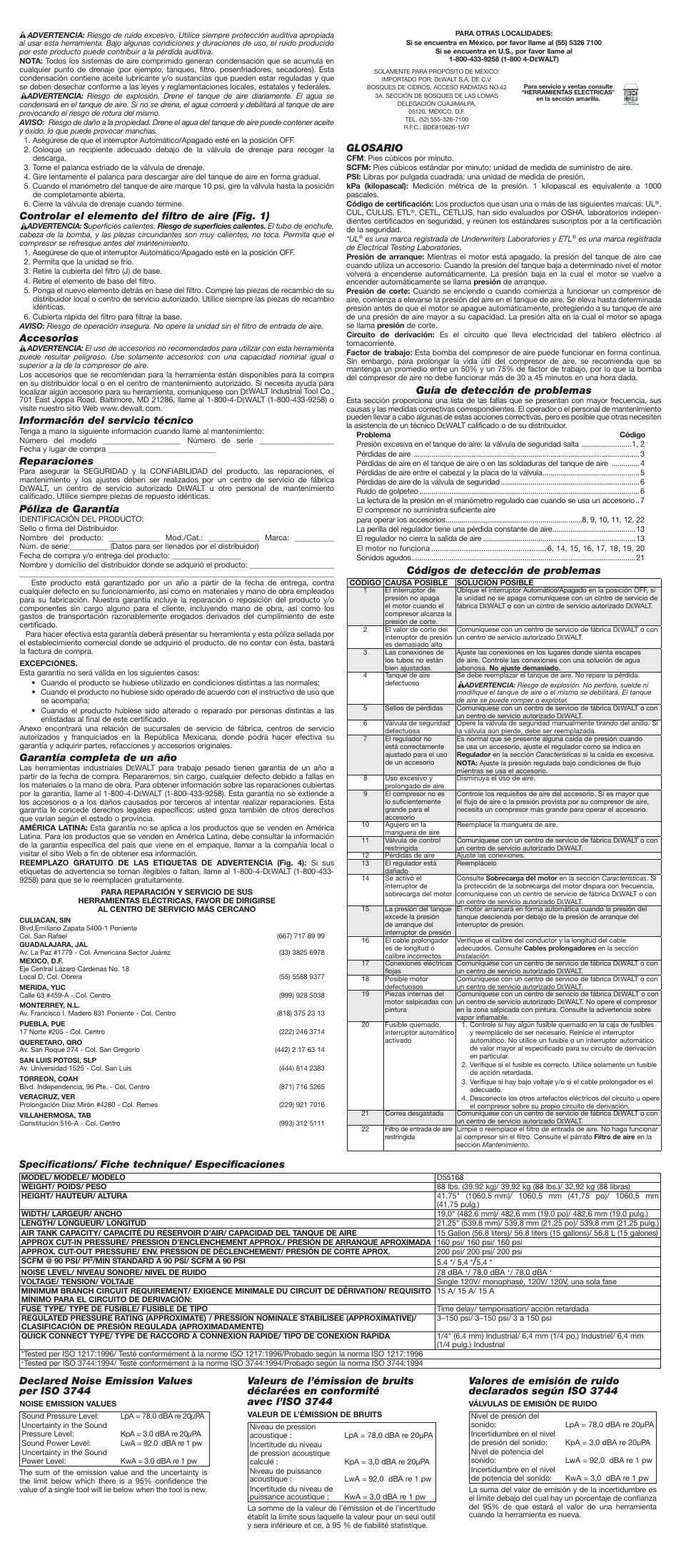 Controlar el elemento del filtro de aire (fig. 1), Accesorios, Información del servicio técnico | Reparaciones, Póliza de garantía, Garantía completa de un año, Glosario, Guía de detección de problemas, Códigos de detección de problemas, Specifications/ fiche technique/ especificaciones | DeWalt D55168 User Manual | Page 7 / 7