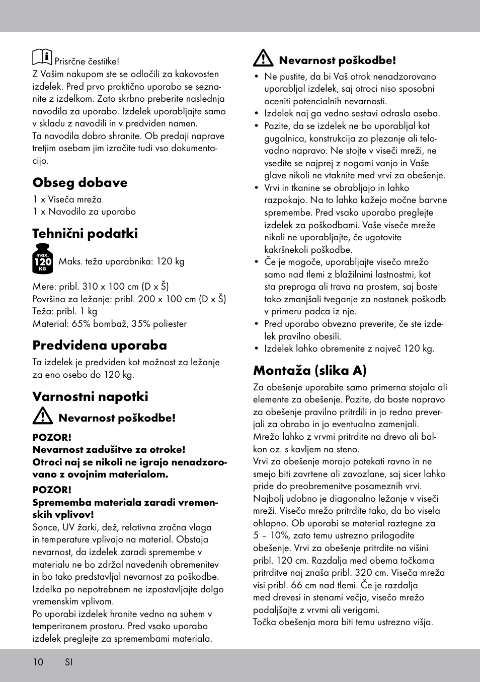 Obseg dobave, Tehnični podatki, Predvidena uporaba | Varnostni napotki, Montaža (slika a) | Rocktrail Hammock User Manual | Page 10 / 20