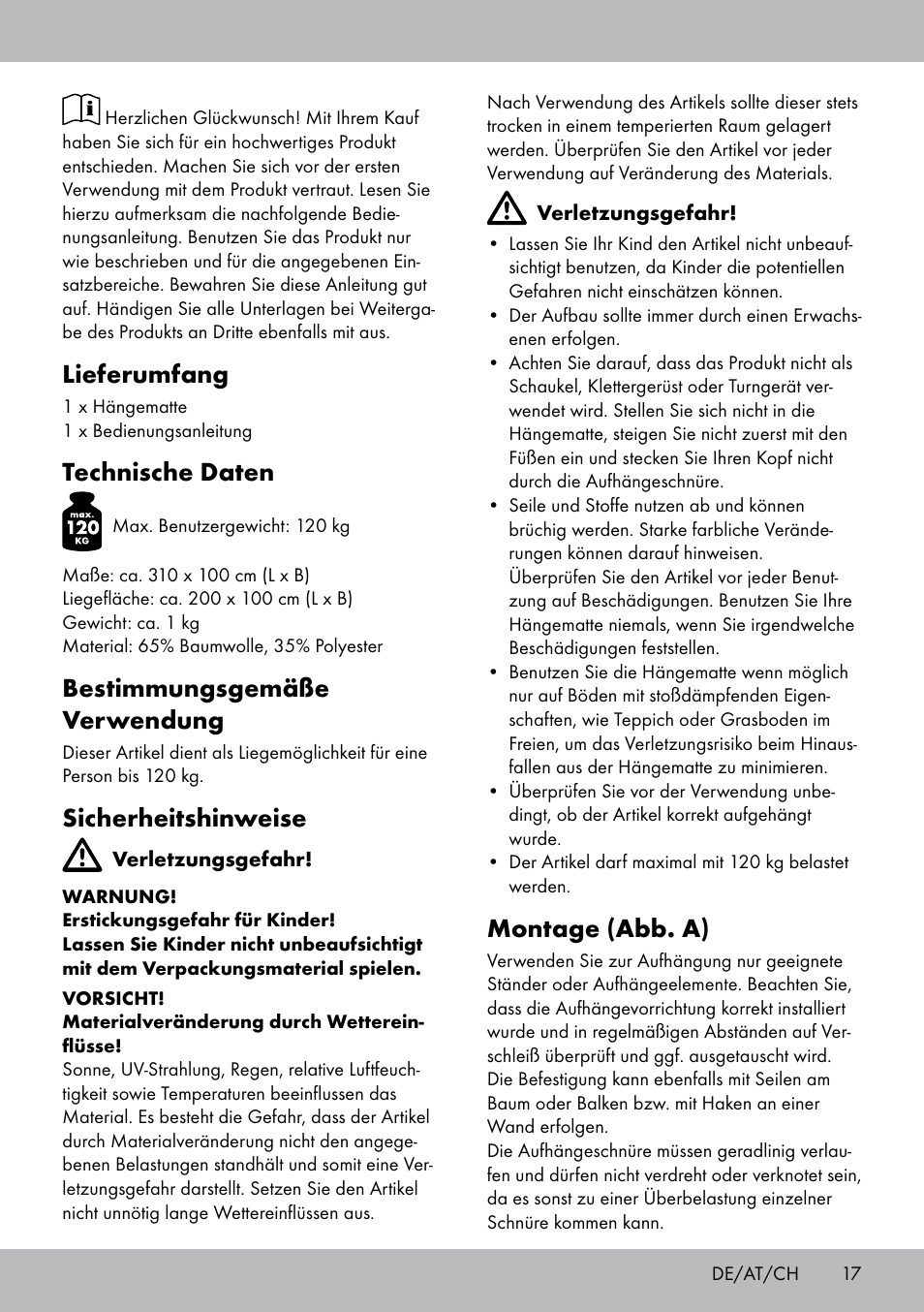 Lieferumfang, Technische daten, Bestimmungsgemäße verwendung | Sicherheitshinweise, Montage (abb. a) | Rocktrail Hammock User Manual | Page 17 / 20