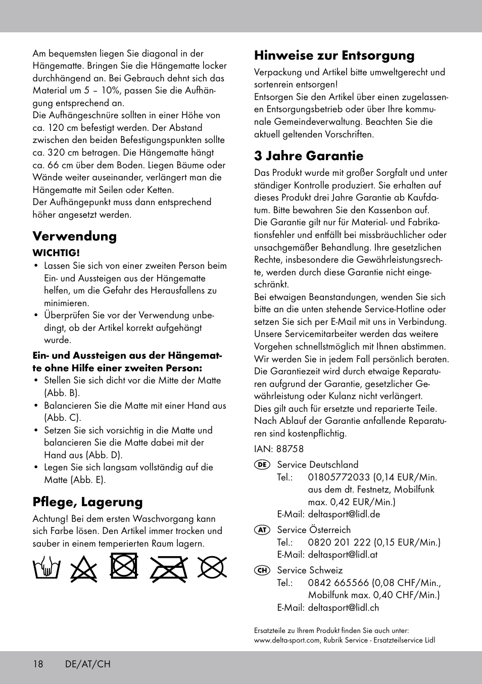 Verwendung, Pflege, lagerung, Hinweise zur entsorgung | 3 jahre garantie | Rocktrail Hammock User Manual | Page 18 / 20