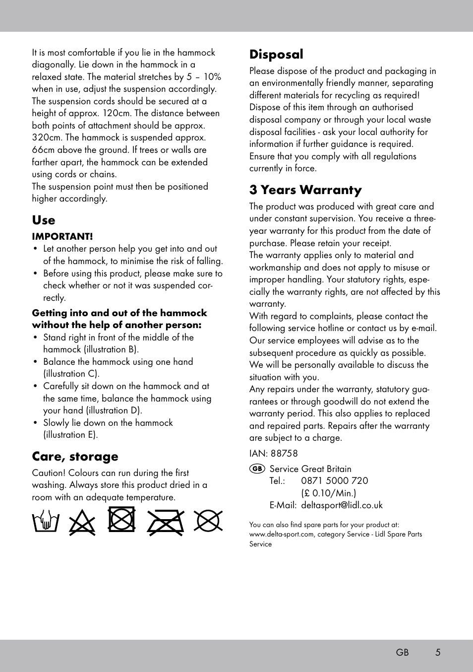 Disposal, 3 years warranty, Care, storage | Rocktrail Hammock User Manual | Page 5 / 20