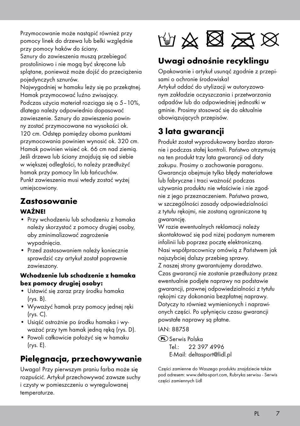 Uwagi odnośnie recyklingu, 3 lata gwarancji, Zastosowanie | Pielęgnacja, przechowywanie | Rocktrail Hammock User Manual | Page 7 / 20