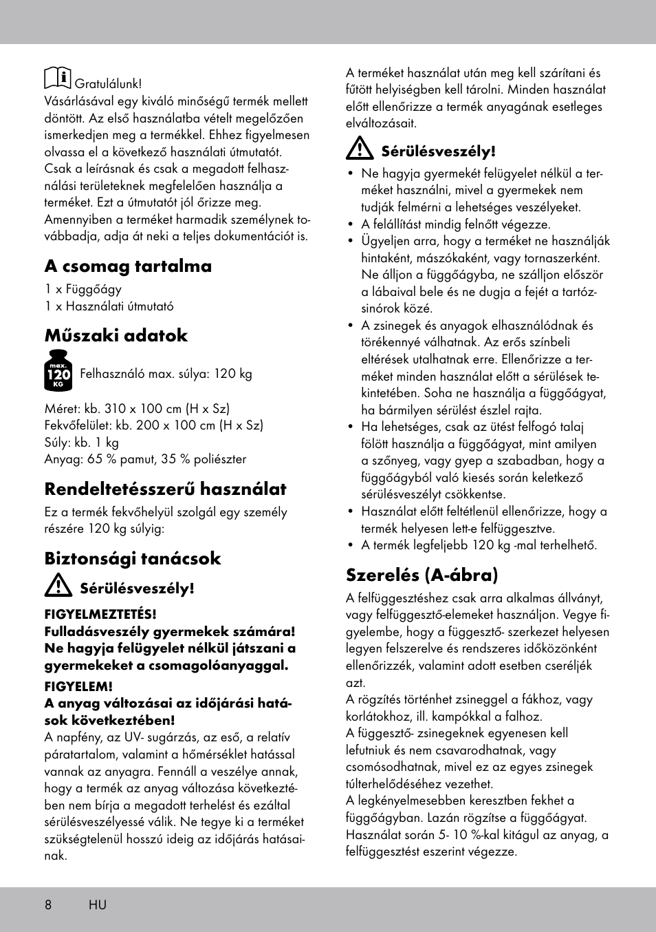 A csomag tartalma, Műszaki adatok, Rendeltetésszerű használat | Biztonsági tanácsok, Szerelés (a-ábra) | Rocktrail Hammock User Manual | Page 8 / 20