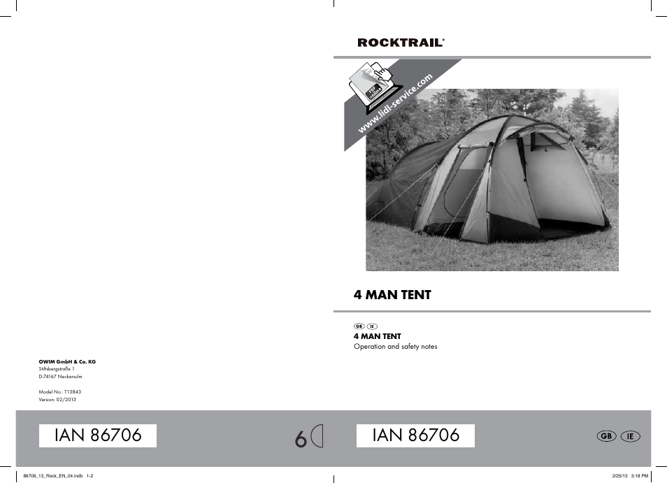 Rocktrail 4 Man Tent T13843 User Manual | 8 pages