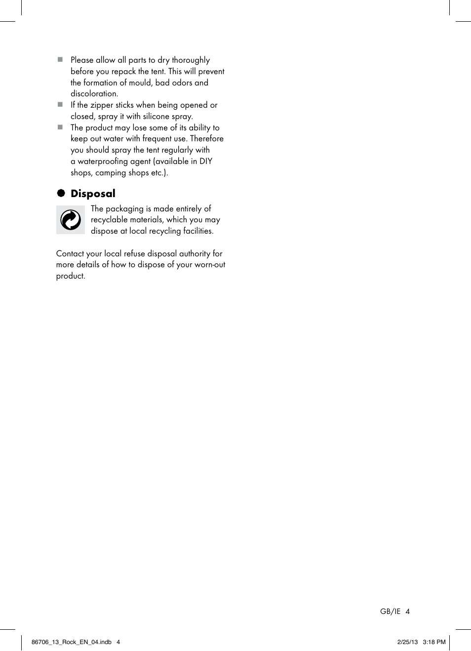 Disposal | Rocktrail 4 Man Tent T13843 User Manual | Page 4 / 8