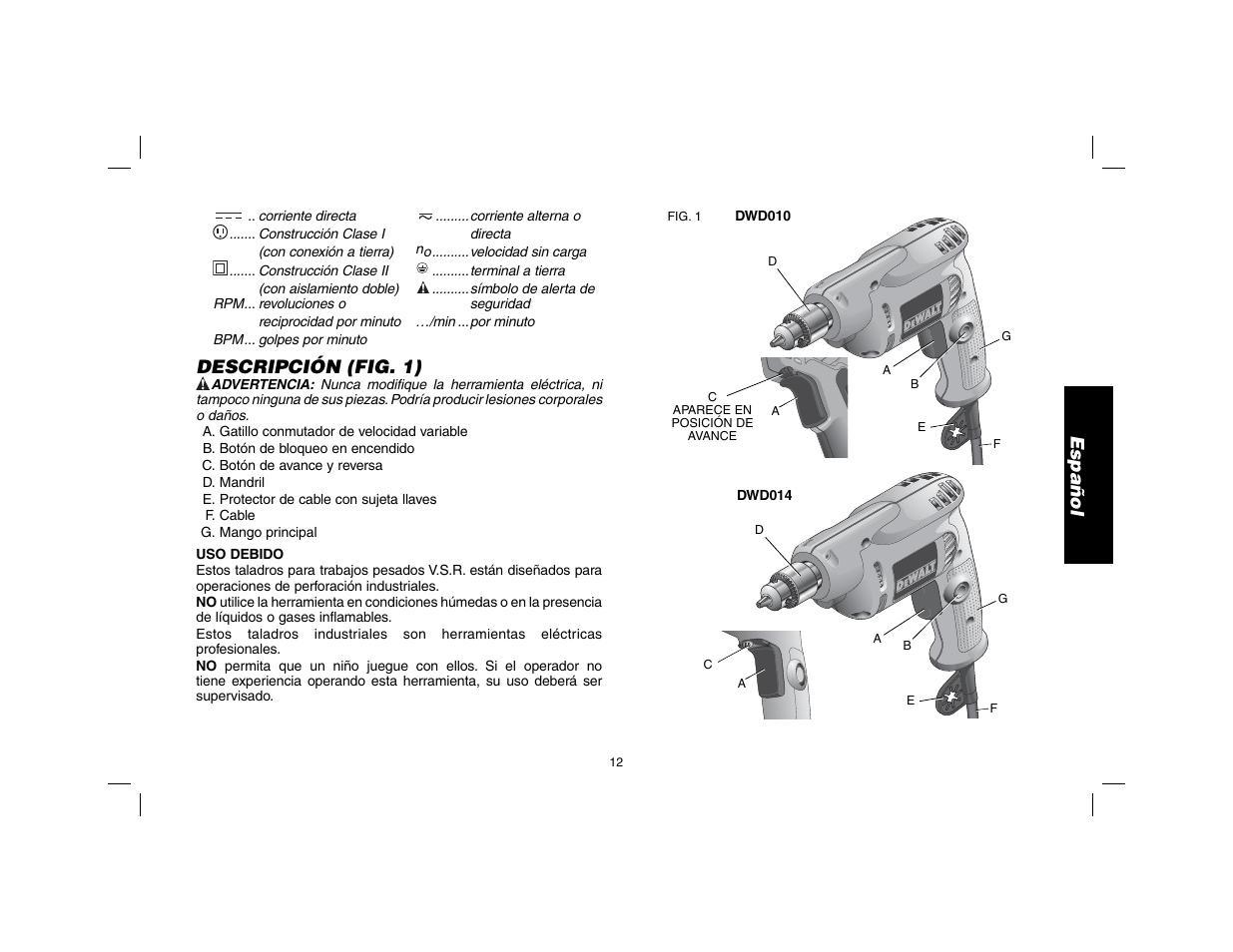 Español, Descripción (fig. 1) | DeWalt DWD010 User Manual | Page 13 / 28