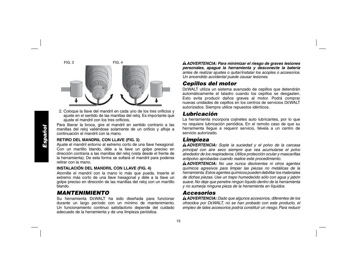 Español, Mantenimiento, Cepillos del motor | Lubricación, Limpieza, Accesorios | DeWalt DWD010 User Manual | Page 16 / 28