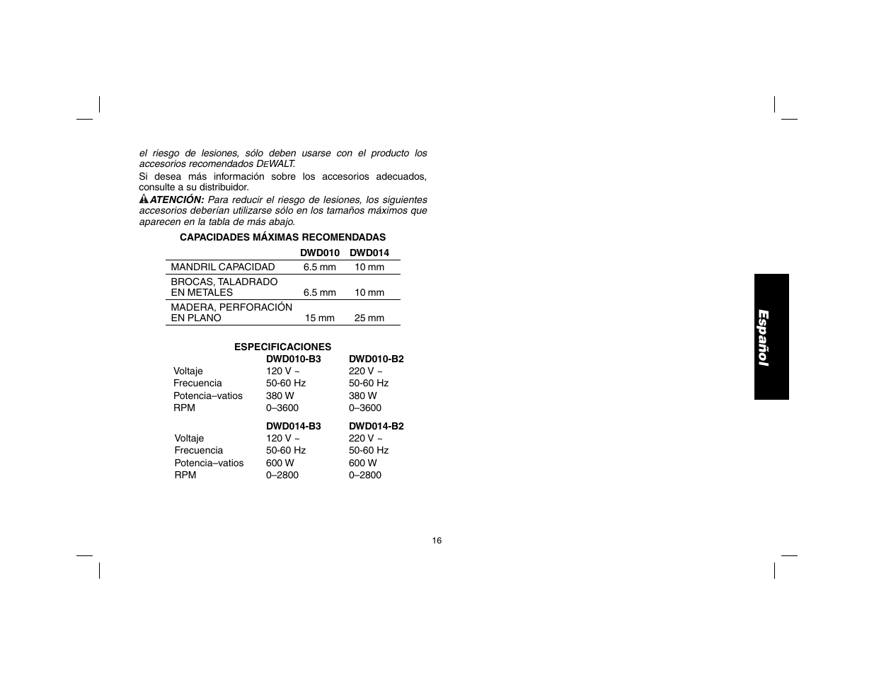 Español | DeWalt DWD010 User Manual | Page 17 / 28
