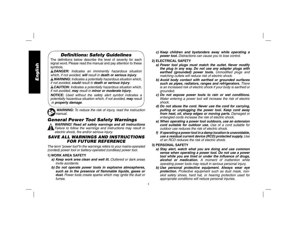 English definitions: safety guidelines, General power tool safety warnings | DeWalt DWD010 User Manual | Page 2 / 28