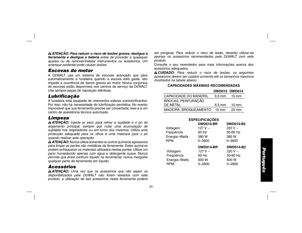 Por tuguês, Escovas do motor, Lubrificação | Limpeza, Acessórios | DeWalt DWD010 User Manual | Page 25 / 28