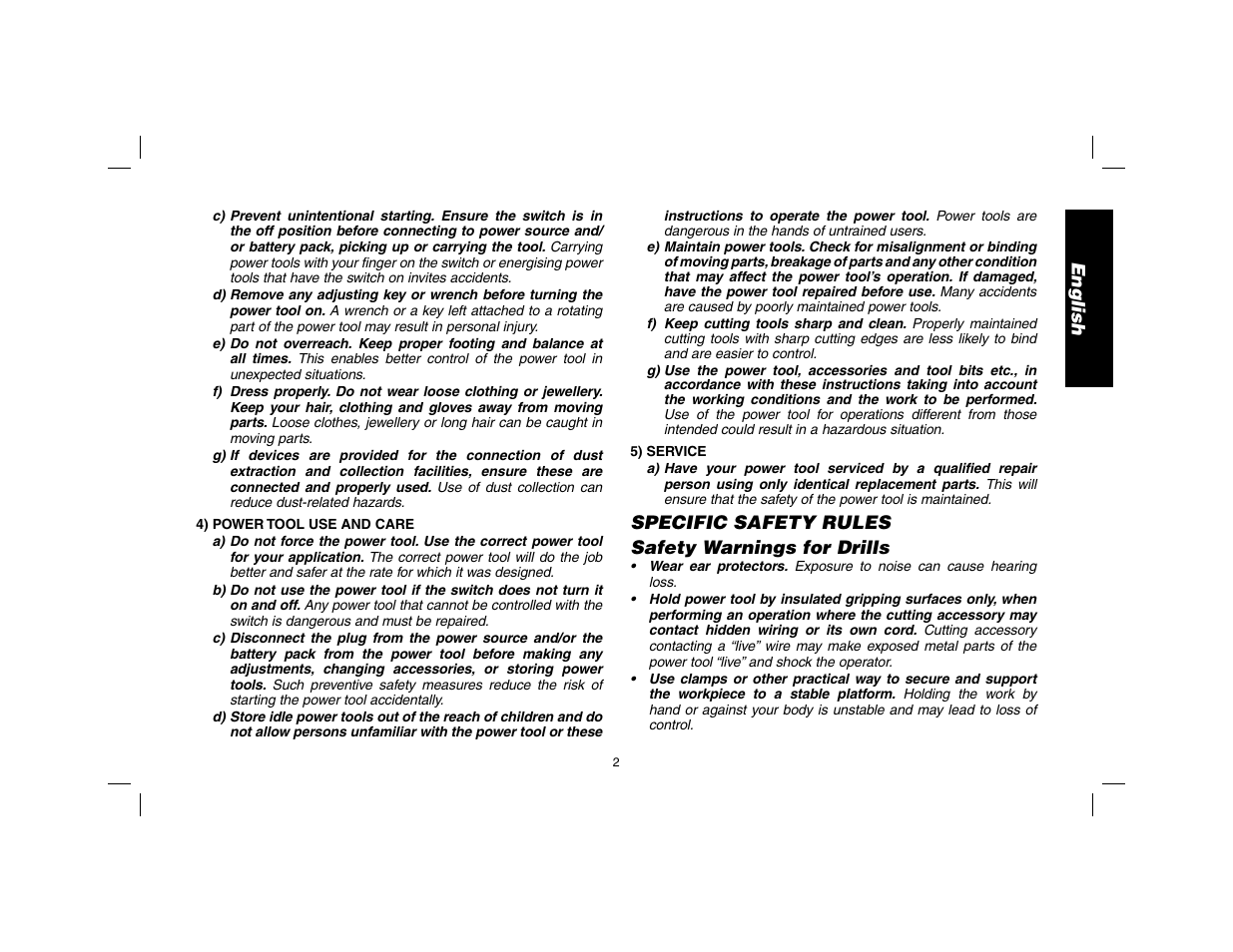English, Specific safety rules safety warnings for drills | DeWalt DWD010 User Manual | Page 3 / 28
