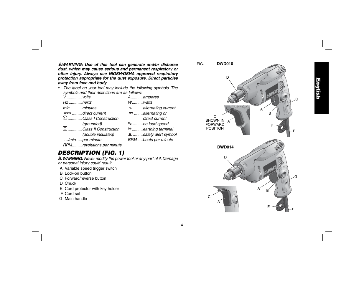English, Description (fig. 1) | DeWalt DWD010 User Manual | Page 5 / 28