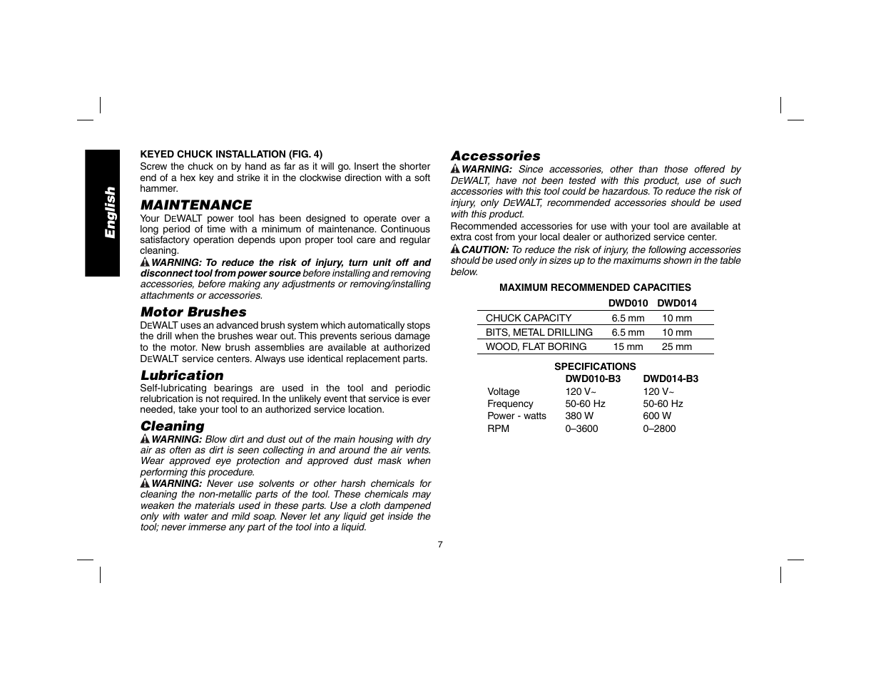 English, Maintenance, Motor brushes | Lubrication, Cleaning, Accessories | DeWalt DWD010 User Manual | Page 8 / 28