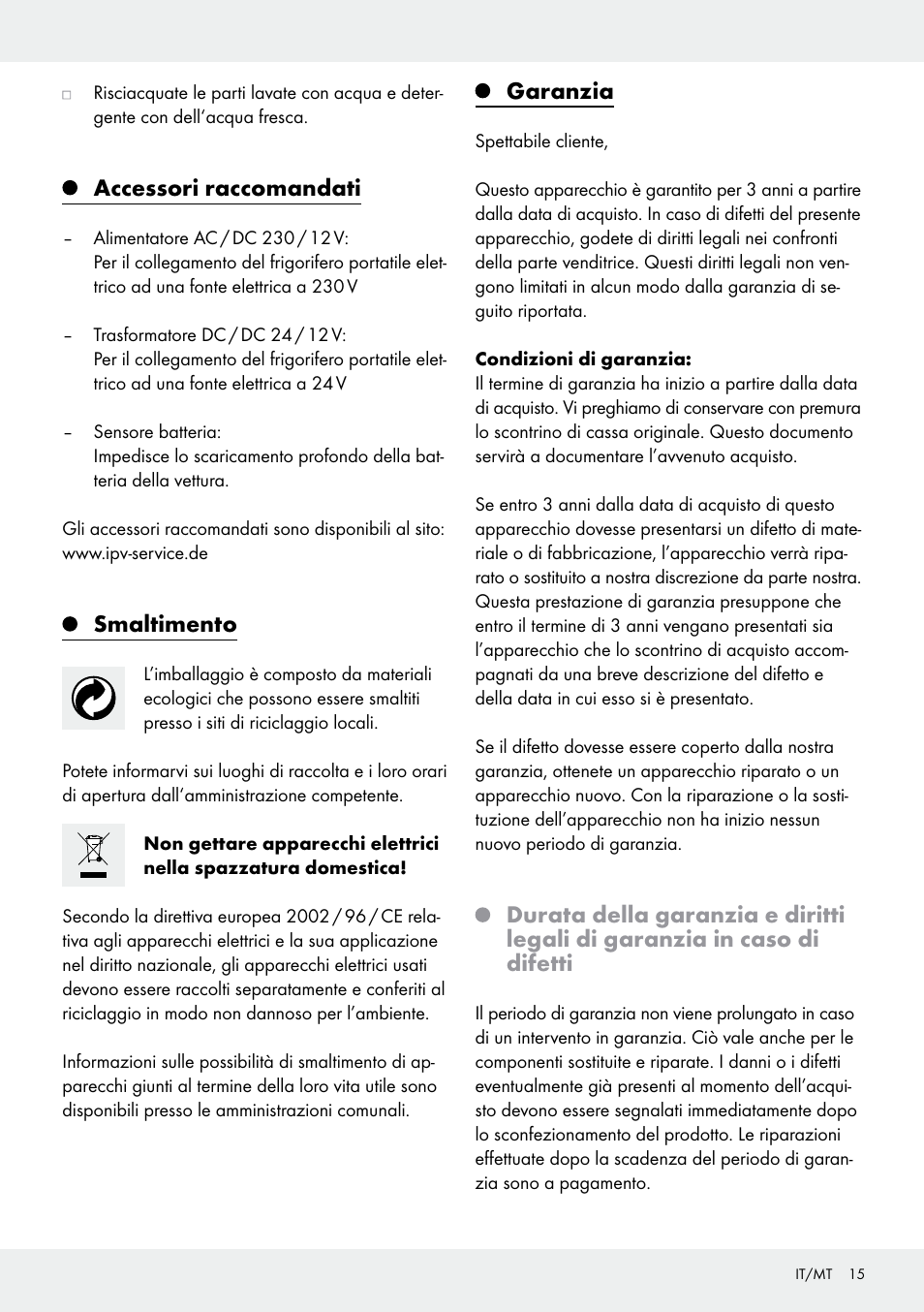 Accessori raccomandati, Smaltimento, Garanzia | Rocktrail 12V Electric Cool Box User Manual | Page 15 / 29